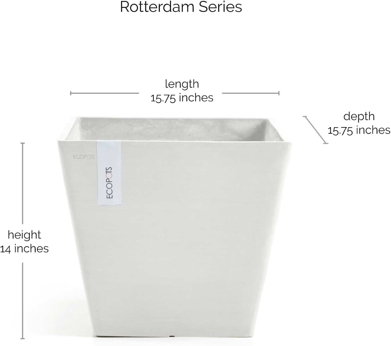 Ecopots Rotterdam Square Flower Planter, White Grey, 8" | Modern Style, Durable Recycled-Based Composite Construction, Weather and UV-Resistant, for Indoor/Outdoor Use