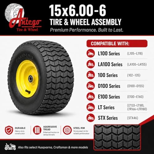 Antego 15x6.00-6 Lawn Mower Tire & Wheel Assembly ATW-001 4 Ply, Set of 2 | ATW-001, 4 Ply