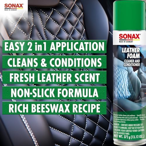 SONAX Leather Foam 289300 | 2 in 1 Aerosol Leather Cleaner and Conditioner | Safe to Use on Perforated Air Conditioned/Heated Seats | UV Protection