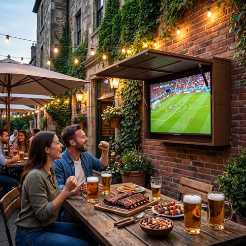 Outdoor TV Enclosure, Fit for 32-55 Inch TV, Solid Wood Wall-Mounted TV Cabinet with Dual-Arm Steel Bracket, Includes 600D TV Cover (Walnut Color)