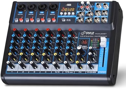 Pyle 8 Channel DJ Audio Mixer, Bluetooth, DSP FX, USB, Audio Interface | +48V Phantom Power, 16Bit DSP Processor, USB-A MP3 Player