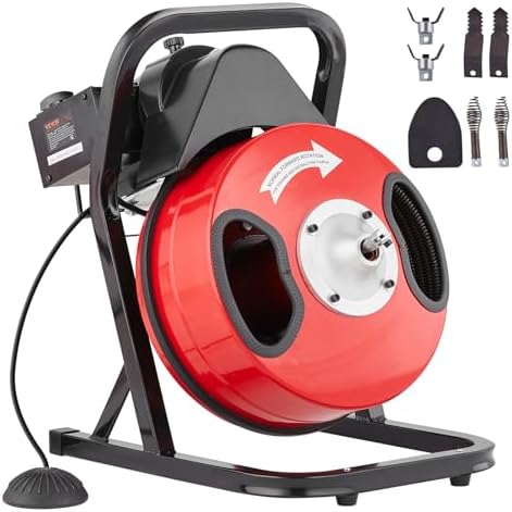 VEVOR Drain Cleaner Machine 50 FT x 1/2 Inch, Manual Feed Sewer Snake Auger with 4 Cutters & Air-Activated Foot Switch for 2" to 6" Pipes