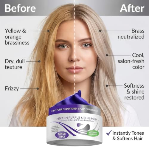 VITAMINS hair cosmetics Keratin Purple Hair Mask - Blue Hair Mask Deep Conditioner Treatment - Blonde Toner to Neutralize Brassiness in Brassy Blonde