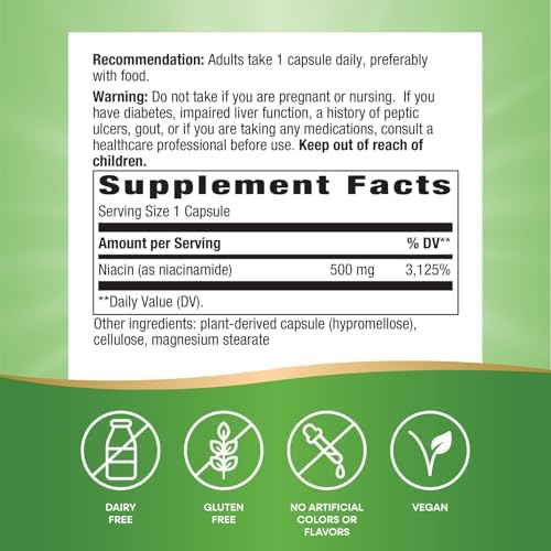 Nature's Way Niacinamide - Niacinamide Capsules with Non-Flushing Vitamin B3 - Supports Cellular Energy* - 500mg per Serving - Gluten-Free & Vegan - 100 Count (100 Servings)