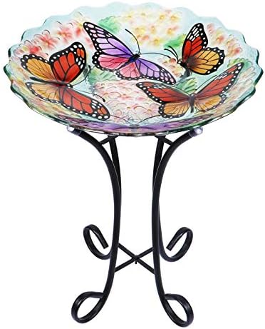 VCUTEKA Glass Bird Bath Outdoor with Metal Stand, Bird Feeder Garden Decor