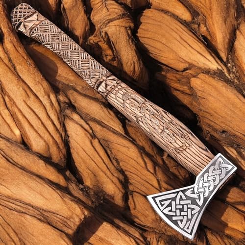 Poshland AX-7000 Custom Gift Forged Carbon Steel Viking Axe with Rose Wood Shaft, Viking Bearded Camping Axe