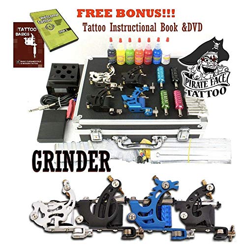 Grinder Tattoo Kit by Pirate Face Tattoo / 4 Tattoo Machine Guns - Power Supply / 7 Ink by Radiant Colors - Made in the USA/LCD Power Supply / 50