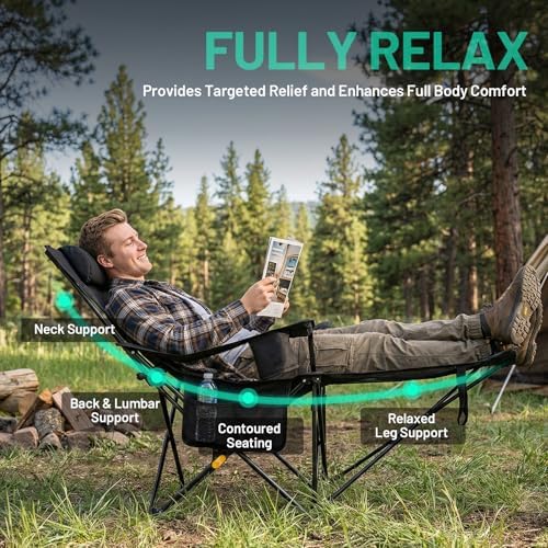 Overmont Reclining Camping Chair with Footrest - 4-Position Adjustable Backrest Lightweight Folding Lounge Chair for Adults with Pillow Carry Bag