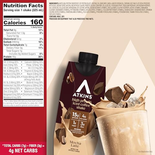 Atkins Café au Lait Iced Coffee Flavored High Protein Shake, Low Sugar and Low Carb, Keto Friendly, Ready to Drink Protein Drink, Gluten Free