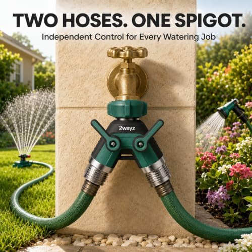 Hose Splitter 2 Way Heavy Duty Outdoor Faucet and Garden Connector - Water Spigot Splitter - Durable All-Metal Y Adapter with Shut-Off Valve - 4 x 4 x 1.5 Inches