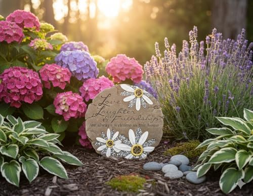 Carson Friendship Garden Stone, Garden Decor Stepping Stones with Beadworks Decorative Home Accent, Daisy, Round, 9 x 9.25 inches