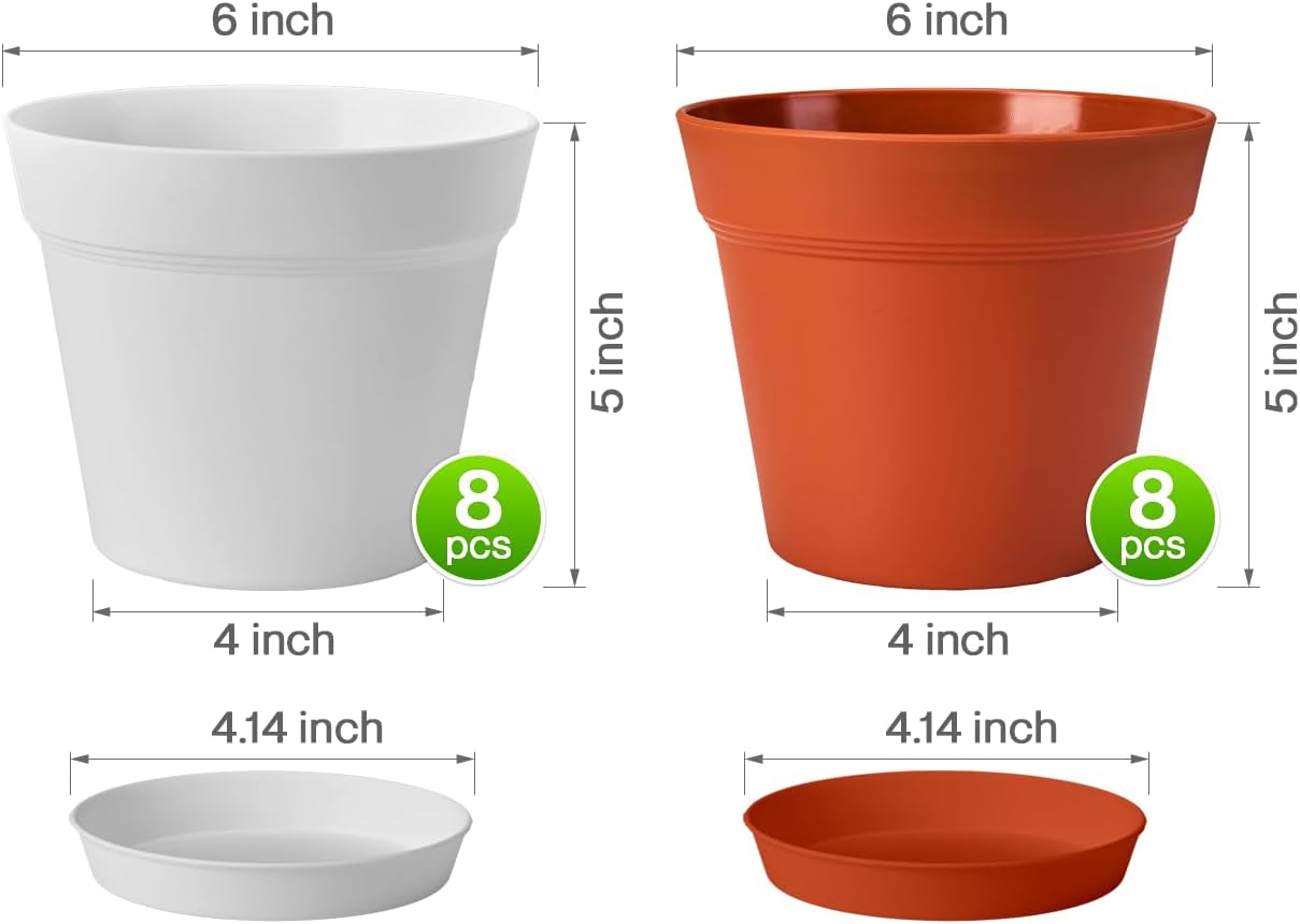 homenote 7.5 Inch Plastic Flower Pots with Drainage Holes and Trays (8 Pcs)