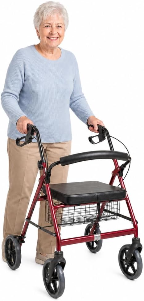 DMI Extra-Wide Heavy Duty Steel Bariatric Mobility Rollator Walker with Seat and Basket, Burgundy, Folding