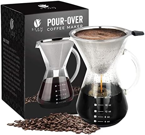 Bean Envy Pour Over Coffee Maker - Glass Dripper with Steel Filter 20 Oz | Dishwasher Safe, Borosilicate Carafe, Reusable Stainless Mesh, Non-Toxic