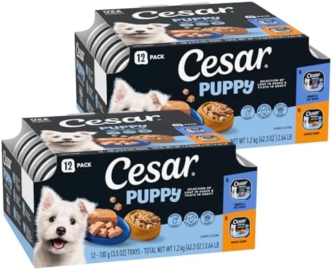 Cesar Puppy Classic Loaf Wet Dog Food, Chicken & Beef, 3.5 oz, 24 Count | Real chicken #1 ingredient, made in USA, no fillers or artificial flavors, essential nutrients, slow-cooked, easy peel trays