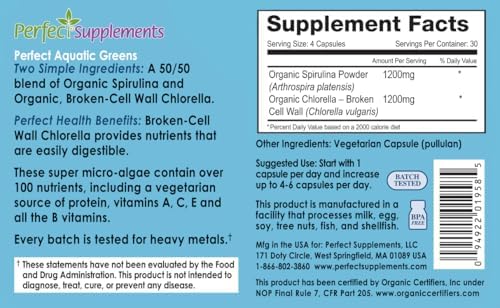 Perfect Supplements – Perfect Aquatic Greens – 120 Vegetable Capsules – Organic Spirulina and Chlorella Supplement – Nutritious Superfood