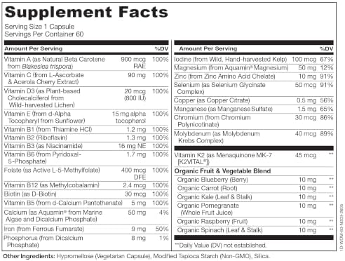 NATURELO One Daily Multivitamin for Women w/Vitamin B12, 60 Ct, Energy Support, Whole Food Daily Women Multivitamin Supplement, Nourish Hair/Skin/Nail, Non-GMO, No Soy, Gluten Free, 2 Month Supply | Energy Support, Whole Food Daily Women Multivitamin Sup…