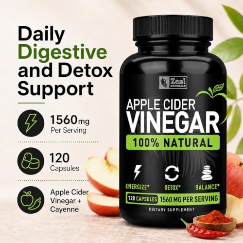 Zeal Naturals Natural Raw Apple Cider Vinegar Capsules (1560mg|120 Capsules) GLP-1 Support for Cravings, ACV Pills w Cayenne Pepper