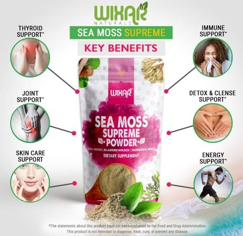 Wixar Wildcrafted Sea Moss Powder – (8 Ounces) – Natural Irish Sea Moss and Bladderwrack with Burdock Powder - Thyroid Support, Healthy Skin