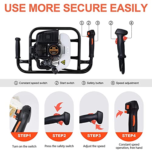 DC HOUSE 52cc 1800W Gas Powered Earth Auger EPA Certified Post Hole Digger, with 2 Drill Bits 6" 10", Mixing Ratio 30:1, for Fence