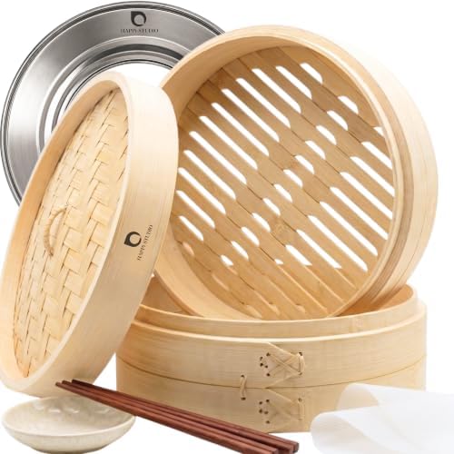 HAPPI STUDIO Bamboo Steamer Basket 10 Inch, Extra Deep Dumpling Steamer Set