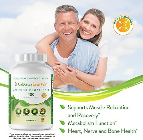 Magnesium Glycinate 400 - Chelated, High Absorption Magnesium for Muscle Relief, Bone & Heart Support -Vegan, Non-GMO, Gluten-Free 240 Tablets (Servings 120, Serving Size (2) 200mg Tablets)