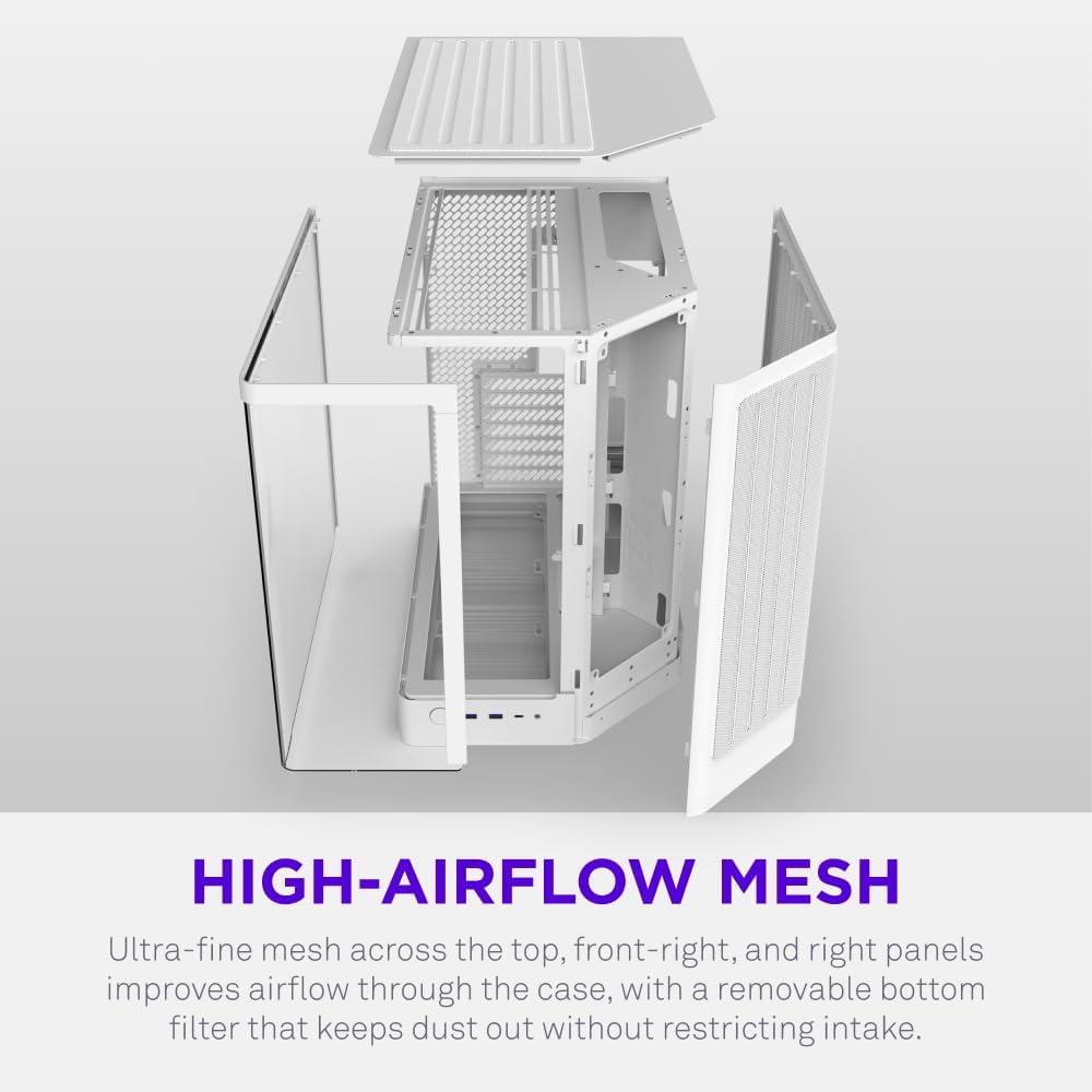 NZXT H6 - Compact Dual-Chamber ATX PC Case - White | Dual-chamber ATX case supporting up to 10 120mm fans and 360mm radiators, with back-connect motherboard compatibility.