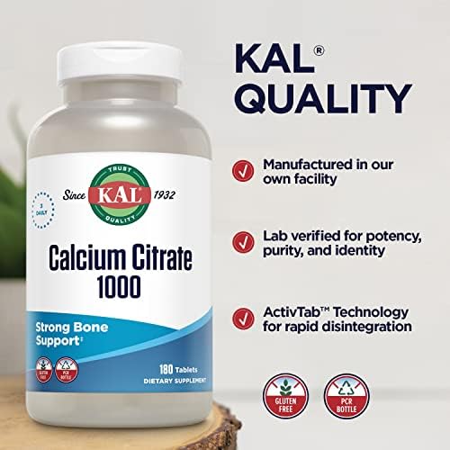 KAL Calcium Citrate 1000mg, Calcium Supplements for Women and Men, Bone Health, Teeth, Nervous, Muscular & Cardiovascular System Support, Gluten Free and Lab Verified, 60 Servings, 180 Tablets | Bone, Teeth, Muscle & Heart Support - Chelated Calcium Citr…