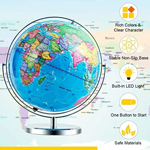 Goplus 13" Large World Globe with Stand, 720° Rotating Illuminated Globe with LED Lights, Metal Base, Desktop Geographic Globe for Home Office