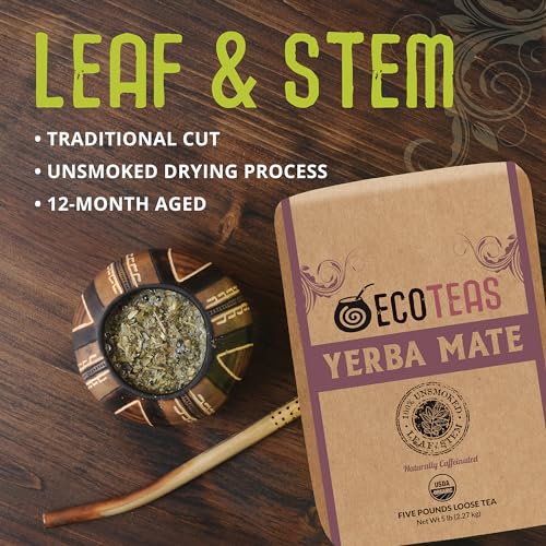 ECOTEAS Organic Yerba Mate Loose Tea Traditional Cut 5 lb Bulk Value Bag | 5 lb bulk traditional cut with stems and powder