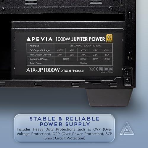 Apevia ATX-JP800W Jupiter 800W 80 Plus Bronze Certified Active PFC ATX Gaming Power Supply, Supports Dual/Quad Core CPUs, SLI/Crossfire/Haswell, 3 Year Warranty | 80+ Bronze PSU, Auto Thermal Controlled 135mm Fan, Heavy Duty Protections, Active PFC, Low…