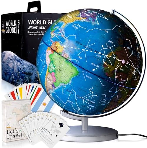SMART WALLABY 9" Illuminated Educational Kids World Globe + STEM Flags & Countries Interactive Card Game. 3 in 1 Children Desktop Spinning Earth