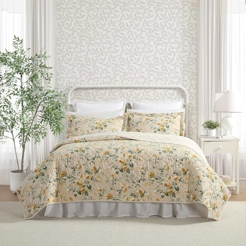Laura Ashley - Queen Quilt Set, Soft Cotton Bedding with Matching Shams, Reversible Floral Toile Design, Floral Room Decor