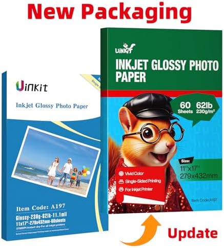 Uinkit 11 x 17 Thick Photo Paper Glossy 11x17 60Sheets 62lb Inkjet Heavyweight 230gsm Gallery show Brochure Pictures Funeral Bulletin Obituary