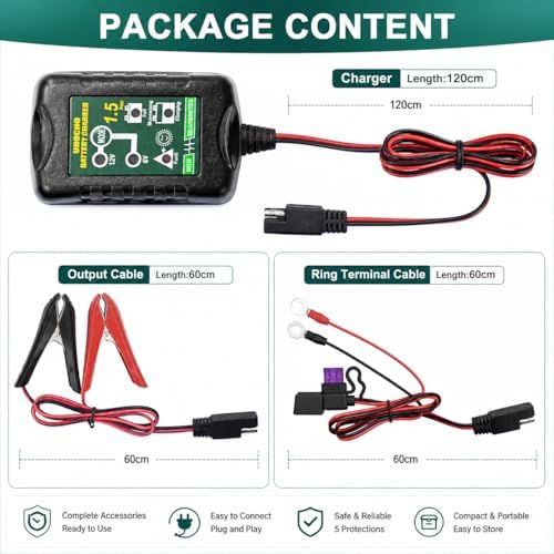 Unocho 6V/12V Battery Charger Maintainer 1.5A Automatic Trickle Charger Smart Float Charger for Car Motorcycle Lawn Mower Boat ATV Snowmobile