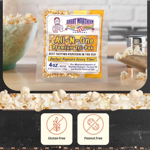 Movie Theater Style 40-Count Popcorn Packs - Pre-Measured 8-Ounce All-in-One Kernel, Salt, Oil Packets for Popping Machines by Great Northern Popcorn | All-in-One Pre-Measured Kernels, Butter Flavored Salt, and Coconut Oil Packets for 8oz Kettle - Movie…