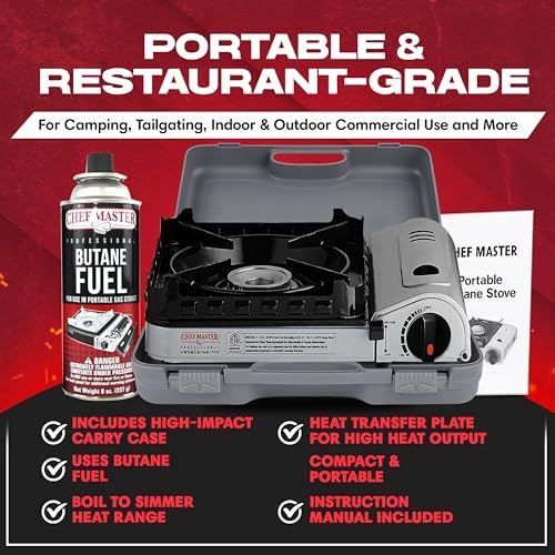 Chef Master 15,000 BTU Butane Portable Camp Stove | Double Wind-Guard Portable Stove Burner w/Piezo Click Ignition for Emergencies, Tailgating, Hiking, Backpacking & Camping Essentials - 90019