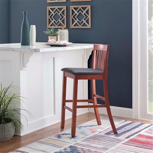 Riverbay Furniture 25" Mission Back Bar Stool, Rubberwood & Faux Leather, Dark Cherry/Black Finish, Counter Height Dining Seat with Padded Easy-Clean Upholstery, 37" H for Kitchen or Home Bar Use