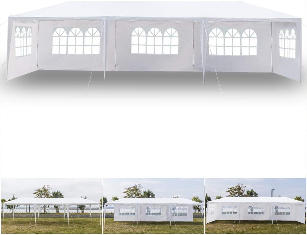 10' x 30' Outdoor Canopy Tent White Wedding Gazebo Party Practical Waterproof Tent with Brighter Windows,5 Removable Side Walls