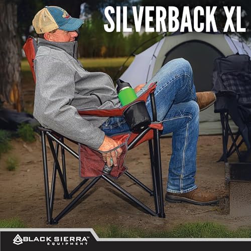 Black Sierra Oversize XL Camping Chair Supports 500 lbs, Padded Folding Outdoor Chair w/ 2 Cupholders and Carrybag