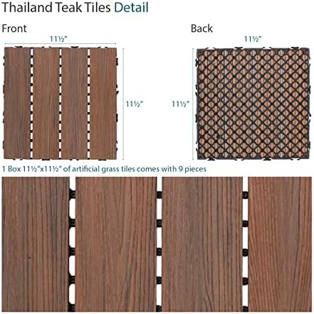 ECOOPTS 12"x12" Interlocking Deck Tiles Patio Floor Tiles Outdoor Flooring Wood Deck Tiles for Porch Balcony Backyard, 9 Slat x 15 Boxes, Brown
