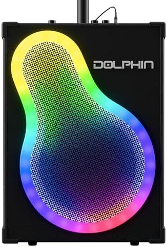 Dolphin Portable Bluetooth Party Speaker with Wired Microphone & Stand | WaveSync Pairing, LED Lights, USB, TF, FM Radio & AUX Inputs, Phone Holder