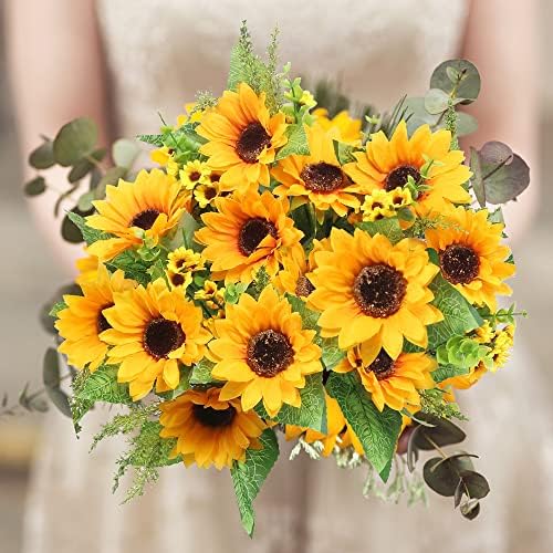 AmyHomie Artificial Sunflowers for Outdoors Fall Decor, 2 Bouquets | Garden, Patio, Wedding, Home, Centerpieces, Vase, UV Resistant, No Water