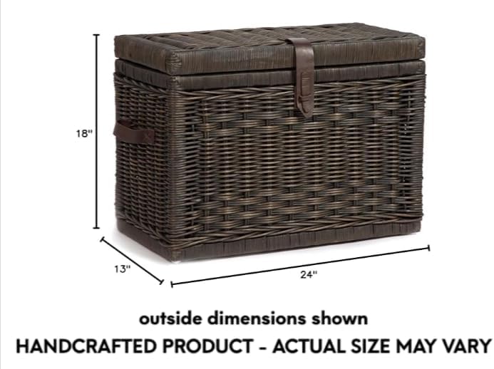 The Basket Lady Wicker Storage Trunk, M, Walnut Brown - fully assembled | Outside: 24" L x 13" W x 18" H | Inside: 22"L x 11"W x 15"H - Fabric lined. Handcrafted by artisans from natural rattan