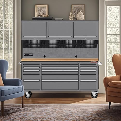 HAUTMEC 72" Rolling Tool Chest with 15 Lockable Drawers & 3 Upper Cabinets, Heavy-Duty 16-Gauge Steel Garage Workbench with Solid Oak Top