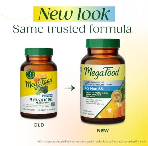 MegaFood Advanced Multivitamin for Men 55+ Doctor Formulated, 120 Tablets | For Healthy Aging, Immune Support, Bone and Brain Health, Choline, Methylated B12, Methylfolate, Vegetarian, 60 Servings
