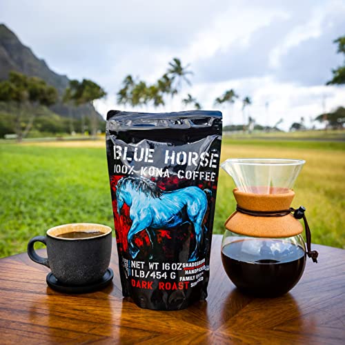 Blue Horse 100% Kona Coffee Whole Bean - 16 oz Medium Roast, Farm Fresh | Certified Organic, Arabica Whole Beans,, Grown In Hawaii USA, Shade Grown, Handpicked, Vacuum Sealed Bag, Caffeinated, Vegan