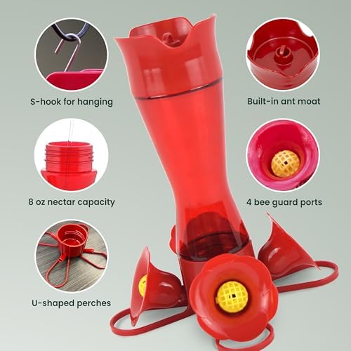 Perky-Pet Red Pinch-Waist Plastic Hummingbird Feeder, 8 oz Capacity | Built-in Bee Guards and Ant Moat for Outdoor Bird Feeding Station and Backyard Wildlife, Hummingbird Feeders for Outdoors
