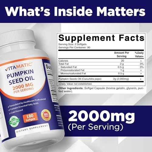 Vitamatic Pumpkin Seed Oil 2000mg Softgel Capsules, 180 Softgels