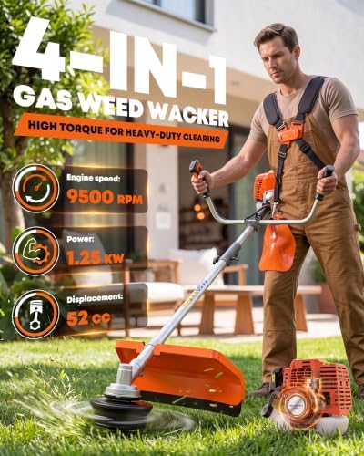 52cc 4-in-1 Gas Weed Eater and Brush Cutter - Straight Shaft Commercial Weed Wacker with Metal Blade - Heavy Duty 2-Cycle Multi-Tool System for Tall